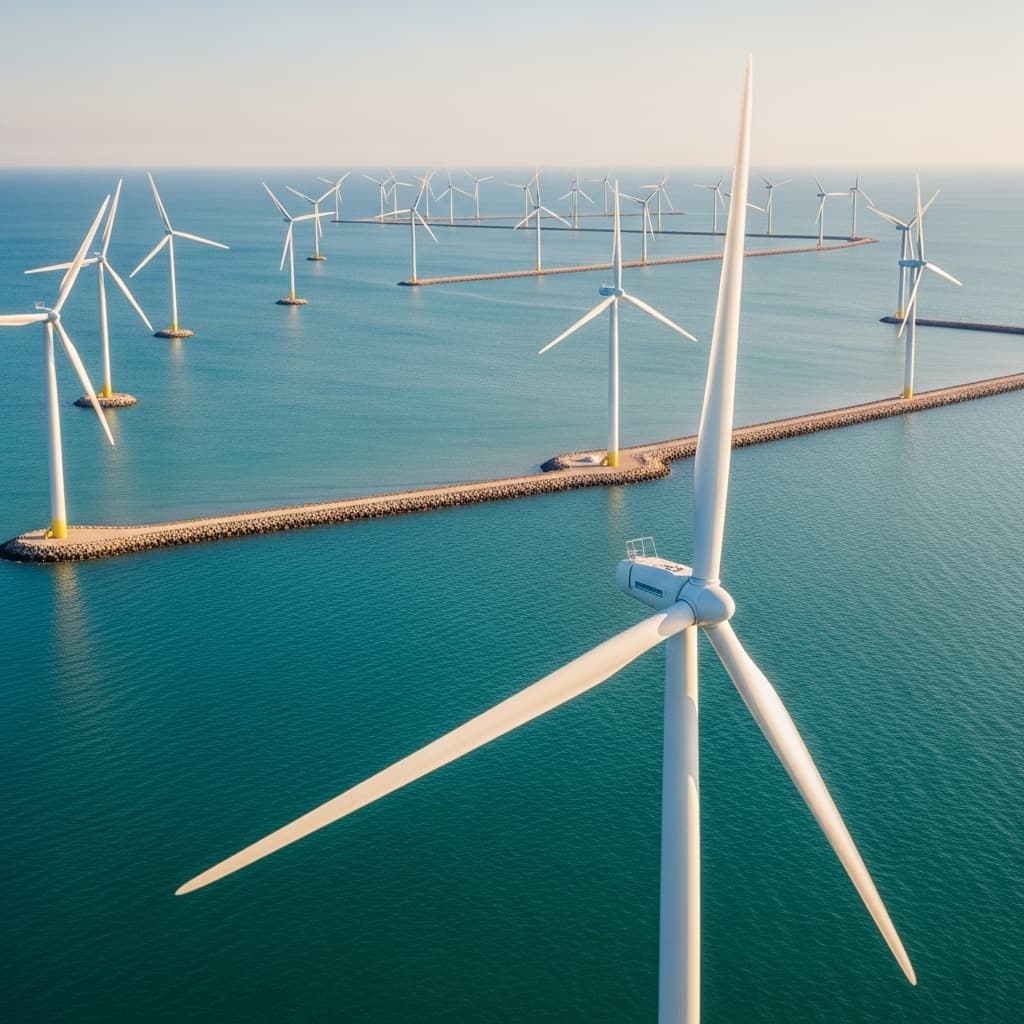 Offshore wind farm at sunset